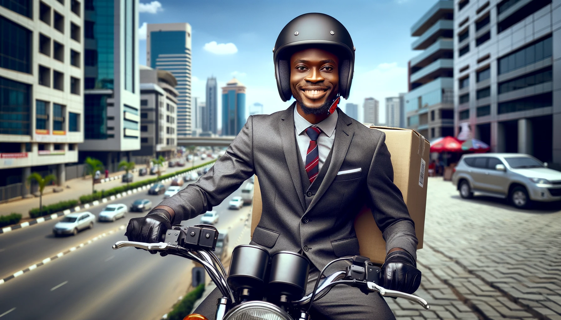 a-well-dressed-professional-looking-delivery-rider-on-a-motorbike-wearing-a-helmet-and-holding-a package.-The-rider-is smiling