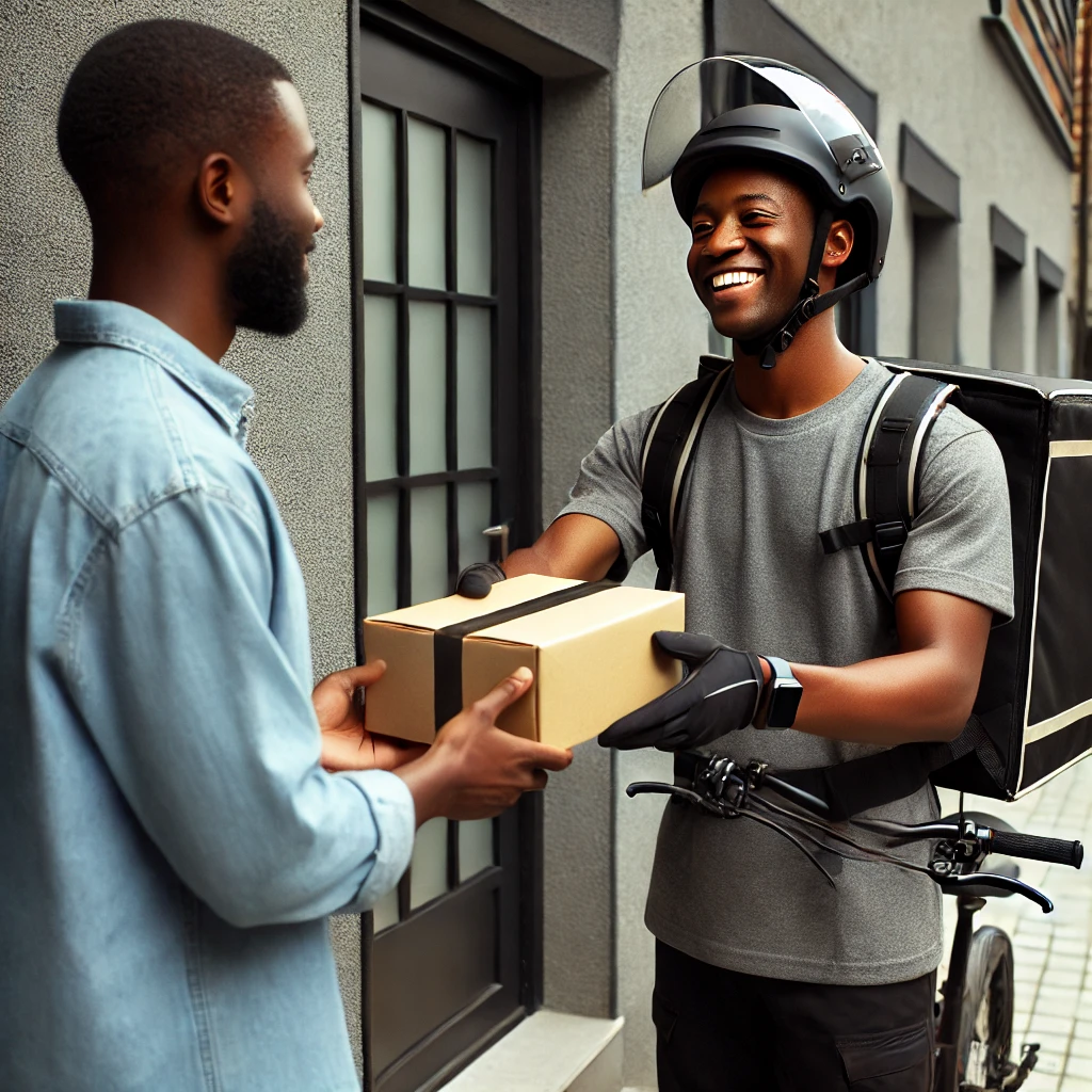 Well-trained delivery rider handing a package to a satisfied customer in Nigeria