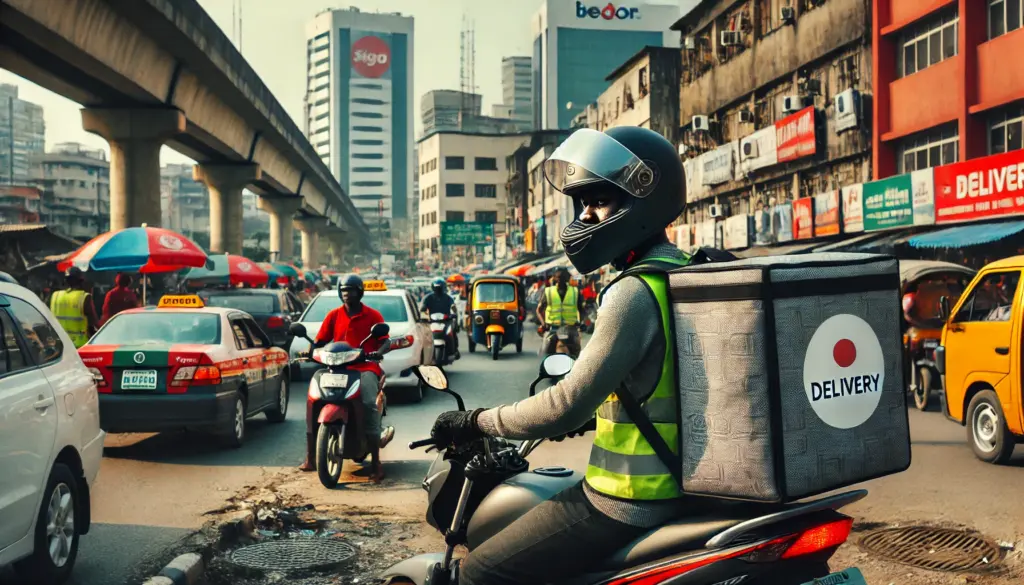 Delivery rider in Nigeria wearing safety gear while riding through busy city traffic